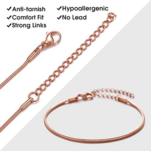 ChainsHouse Stainless Steel Herringbone Flat Chain Bracelets for Women,18K Gold/Rose Gold/Black Metal Paperclip/Snake/Cuban/Figaro Sterling Silver Link Charm Bracelet, 16+5cm Adjustable, With Gift Box - color: d. snake-rose gold