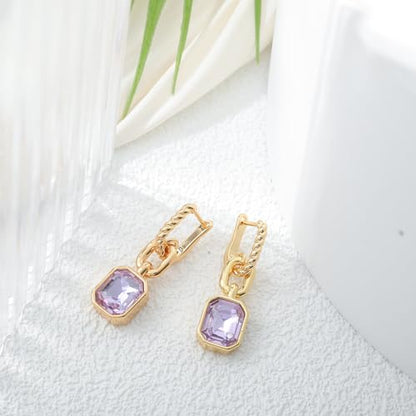 Birthstone Crystal Dangle Drop Earrings, 18K Gold Plated Huggie HoopEarring | Hypoallergenic Earring Jewelry Gifts for Women, Birthdays, anniversaries, weddings - color: Purple-Hoop
