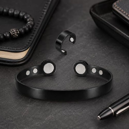 Calming Bracelet Ring Set for Women, Menopause Bracelets Adjustable Bangle Stainless Steel Cuff Climacterium Anxiety Stress Relief Energy Open Jewelry Gift - color: Black Pro + Black