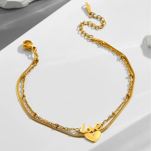 Dainty Gold Anklets for Women Stainless Steel Simple Ankle Bracelets Summer Beach Foot Chain Jewelry Gift - color: Double-layer Love Heart