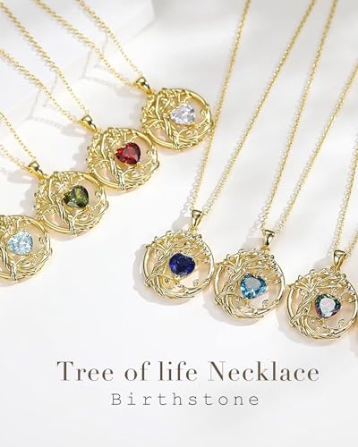 FANCIME Tree of life Birthstone necklace Sterling Silver Pendant Birthstone Necklace Gemstone Anniversary Birthday Jewelry Mothers Day Gifts for Mom Her Wife - color: Yellow gold-12-blue topaz