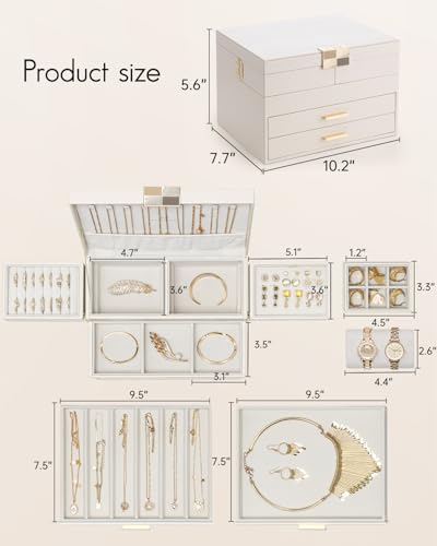 VLANDO Jewelry Box,4-Layer Design with Retractable Tray and 2 Drawers | Separate Necklaces,Rings,Bracelets,Earrings Organizer Areas,Watches Pillow,Birthday Gift,Vanity - color: A.Cloud White, size: 4-Layer
