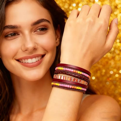 Leather Wrap Bracelets for Women, Boho Leopard Multi-Layer Crystal Beads Cuff Jewelry - color: J-Warp-032