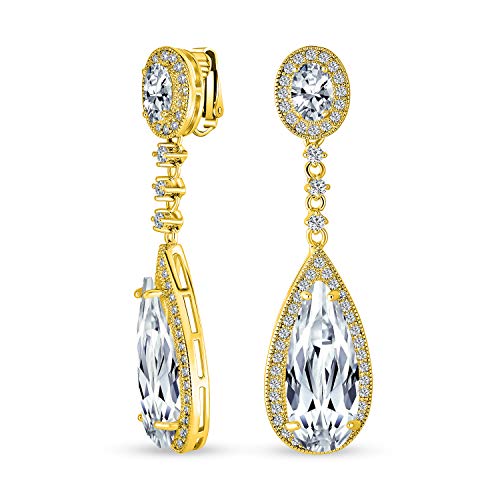 Long Cocktail CZ Halo Teardrop Chandelier Clip On Earrings Silver Plated - color: Gold-Tone