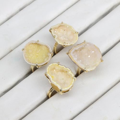 Elegant Geode Druzy Gemstone Statement Ring for Women, Adjustable Ring, Gold Plated Stone Size 20-25mm - color: Yellow, style: 1