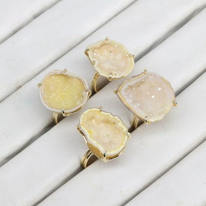 Elegant Geode Druzy Gemstone Statement Ring for Women, Adjustable Ring, Gold Plated Stone Size 20-25mm - color: Yellow, style: 1