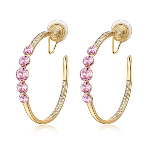 EVEVIC Austrian Crystal Hoop Clip On Earrings for Women | 14K Gold Plated,Silicone Comfort Pad,Versatile for Daily and Formal Occasions,Gift Box Included - color: Pink
