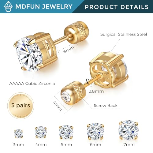 5 Pairs Screw Back Stud Earrings Set, Cubic Zirconia Stud Earring for Women Men Hypoallergenic 316L Surgical Stainless Steel Round Cut CZ 3-7mm - color: Yellow Gold Plated