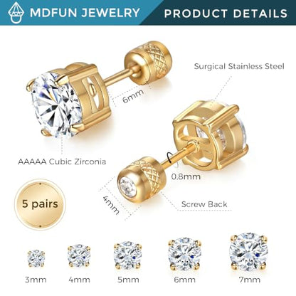 5 Pairs Screw Back Stud Earrings Set, Cubic Zirconia Stud Earring for Women Men Hypoallergenic 316L Surgical Stainless Steel Round Cut CZ 3-7mm - color: Yellow Gold Plated