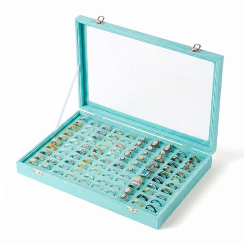 100 Slots Ring Organizer Tray,Velvet Ring Box with Clear Lid | Velvet Lining Provides Protection,Fits Rings of Various Sizes,Glass Lid Jewelry Tray,for Personal Use and Ring Display - color: Turquoise