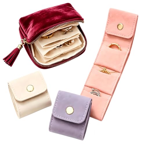 Jewelry Zippered Pocket Case Set with 3 Mini Foldable Jewelry Rolls (Red) | 4Pcs Jewelry Organizer Set Keeps Rings Earrings Necklaces Cards And Small Essentials Sorted For Travel - color: Red