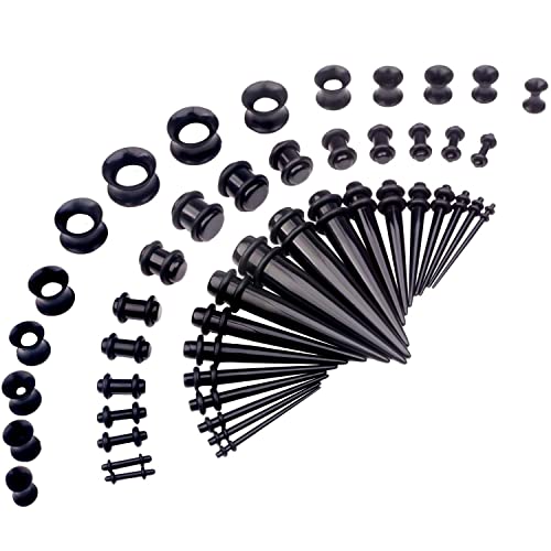50 Pcs Ear Gauges Stretching Kit 14G-00G | Acrylic Tapers and Plugs Silicone Tunnels, Gauge Expanders Stretching Kit, Piercing Earring Jewelry for Men and Women - color: Black