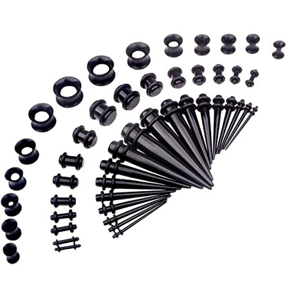 50 Pcs Ear Gauges Stretching Kit 14G-00G | Acrylic Tapers and Plugs Silicone Tunnels, Gauge Expanders Stretching Kit, Piercing Earring Jewelry for Men and Women - color: Black