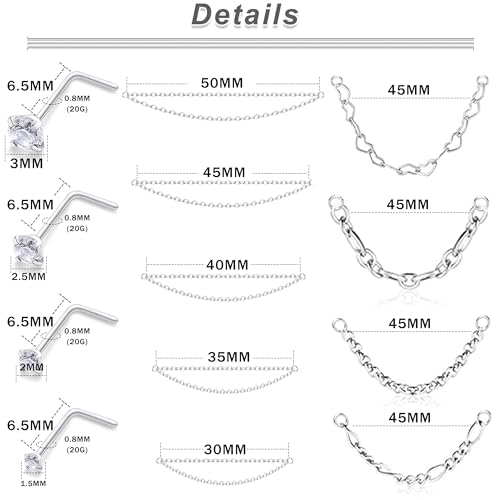 20/18G Nose Rings Chain Across Nose Piercings for Women Men Surgical Steel Double Chains Corkscrew l Shaped Bar - size: L Shape, 20g(0.8mm)