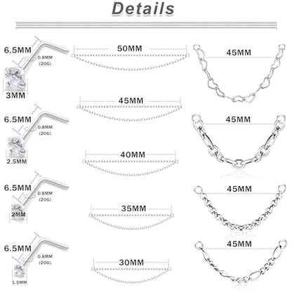 20/18G Nose Rings Chain Across Nose Piercings for Women Men Surgical Steel Double Chains Corkscrew l Shaped Bar - size: L Shape, 20g(0.8mm)