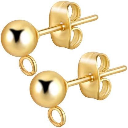 Beebeecraft 1 Box 100Pcs Ball Post Earring Studs Gold Earring Posts with Loop Small 5mm Round Ball 24K Gold Plated Stainless Steel Stud Earring Findings for Jewelry Making Earrings Supplies DIY Crafts - color: Gold, size: 5mm Ball