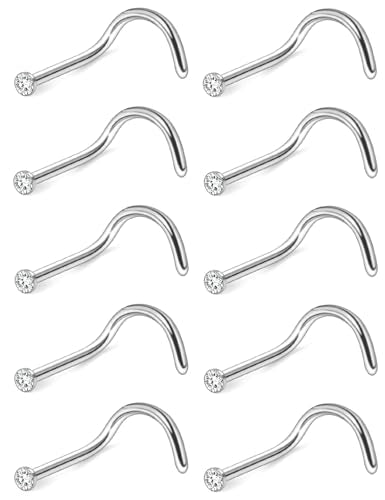 Hoeudjo Nose Studs Surgical Steel Cubic Zirconia Nose Rings Kit for Women Men Tiny Nose Stud Bone & Screw & L Shaped Nostril Piercing Jewelry 18/20/22/24 Gauge 10 Pieces - color: silver-tone,screw nose studs, size: 22g/1.5mm clear CZ