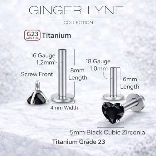 Titanium Heart CZ Labret Stud Earrings for Piercings by Ginger Lyne 6Pc Set G23 Screw Front Flat Back Body Jewelry 2 pair post 6mm, 8mm Cartilage, Helix, Tragus, Lip, Conch, Lobe - color: 5mm-Black
