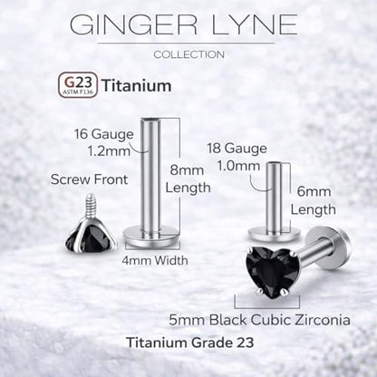 Titanium Heart CZ Labret Stud Earrings for Piercings by Ginger Lyne 6Pc Set G23 Screw Front Flat Back Body Jewelry 2 pair post 6mm, 8mm Cartilage, Helix, Tragus, Lip, Conch, Lobe - color: 5mm-Black