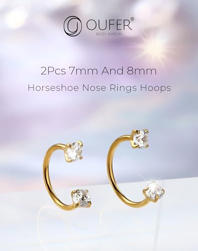 OUFER 2PCS 316L Surgical Steel Horseshoe Nose Rings Hoops, 20G Push Pin Threadless Nose Rings For Women Men, Double Crystal Horseshoe Septum Lip Eyebrow Helix Daith Ear Piercing Jewelry-7mm and 8mm - color: Gold, Clear CZ