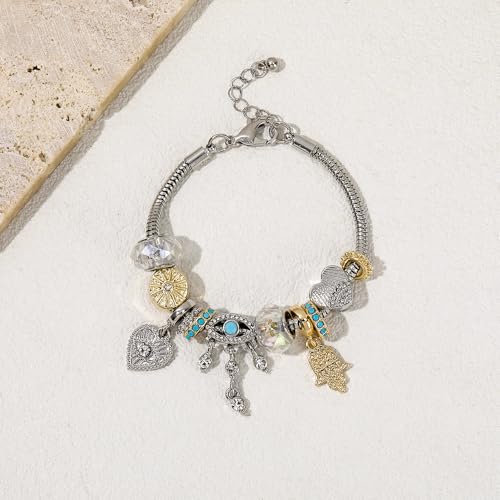 Madison Tyler Gold Plated Bracelet for Women | Celestial Rectangular Plaque Evil Eye Ace of Hearts Playing Card Beaded Charm Bracelet | Cute Adjustable Snake Chain Bracelet - style: Evil Eye