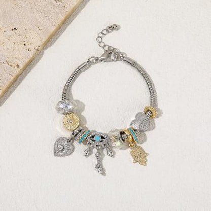 Madison Tyler Gold Plated Bracelet for Women | Celestial Rectangular Plaque Evil Eye Ace of Hearts Playing Card Beaded Charm Bracelet | Cute Adjustable Snake Chain Bracelet - style: Evil Eye