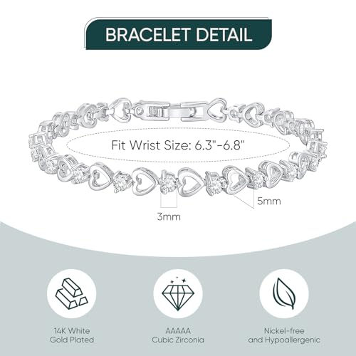 Tennis Bracelet for Women - 14K Gold Plated Heart Cubic Zirconia Bracelet, Dainty Trendy Anniversary Birthday Christmas Jewelry Gift for Her - color: White Gold (6.3-6.8 Inches)
