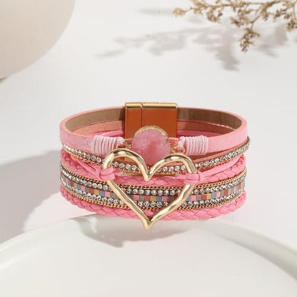 Multilayer Faux Leather Wrap Bracelet with Open Heart Charm Bohemian Stackable Crystal Clasp Bracelet for Women Birthday Gift - color: Pink