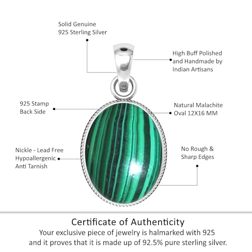 Chunky Natural Gemstone Pendant Necklace For Women Onyx, Turquoise, Amber, Garnet Oval Boho Genuine 925 Sterling Silver Handmade Jewelry - color: Malachite