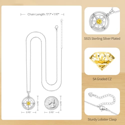 Peeshow Compass Birthstone Necklace for Women Wife, S925 Sterling Silver Gift for Wife Wedding Anniversary Birthday Gifts for Women Jewelry for Her Girlfriend I'd be Lost without You - style: 11-Nov-Citrine