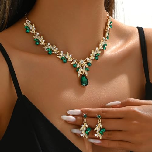 CJIAYUJEW Cubic Zirconia Wedding Jewelry Sets for Bride Bridesmaid Cluster Crystal Teardrop Pendants Jewelry Set Necklace Earring for Brides Bridesmaid for Wedding Party - color: Green