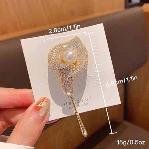 Elegant Floral Brooch Pins for Women, Crystal Pearl Rhinestone CZ Flower Lapel Pin Wedding Party Exquisite Brooches and Pins for Women Ladies - color: Gold+White