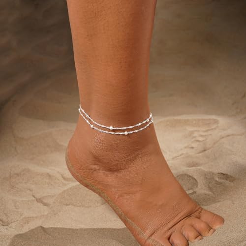 Gold Ankle Bracelets for Women Waterproof, 14K Gold/Silver Plated Layered Beaded Heart Anklets for Women Trendy Dainty Cuban Link Chain Anklets Set Summer Beach Jewelry Gift