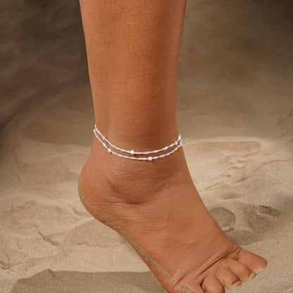 Gold Ankle Bracelets for Women Waterproof, 14K Gold/Silver Plated Layered Beaded Heart Anklets for Women Trendy Dainty Cuban Link Chain Anklets Set Summer Beach Jewelry Gift