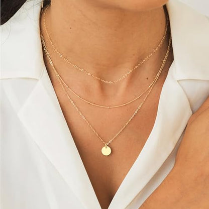 Aisansty Dainty Layered Choker Necklaces Handmade Coin Tube Star Pearl Pendant Multilayer Adjustable Layering Chain Gold Plated Necklaces Set for Women - color: Gold, style: Gold- Layered Disc