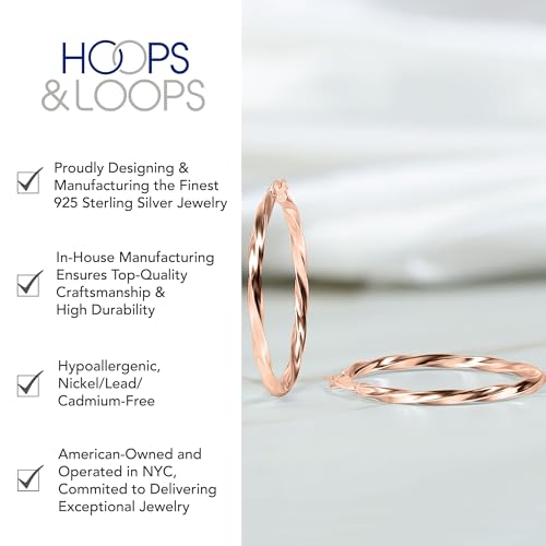 Hoops & Loops 925 Sterling Silver Twisted Hoop Earrings for Women - Hypoallergenic 14K Gold, Rose Gold, Black Flash Plated 2mm Thin Twist Design Round Click-Top Hoops, 15/20/25/30/35/40/50/60mm - color: 15,20,25mm - Rose Gold