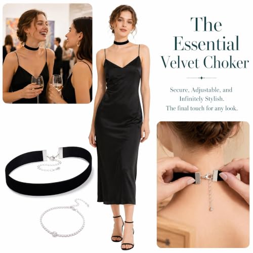 Velvet Choker Necklace for Women Goth Halloween Y2K Ribbon Collar Set - color: Black-0.6''-20pcs