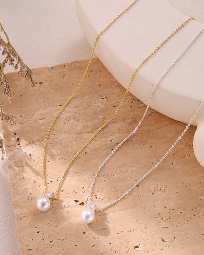 Pearl Necklaces for Women Trendy 14k Gold Plated Cubic Zirconia Pearl Pendant Necklace Valentines Day Wedding Birthday Mother's Day Gifts Dainty Gold Necklace for Women - color: Style 4 - Gold Necklace