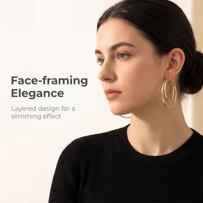 Hoop Earrings for Women, Hypoallergenic Stainless Steel Lightweight Thin Large Big Hoops Earrings Set for Women, Non Tarnish for Jewelry Gift 40MM - color: Gold Double Layer Textured Hoop Earrings