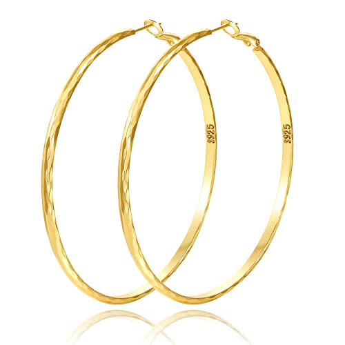 Sterling Silver Hoop Earrings - Diamond-Cut Circle Hoops, Hypoallergenic, 3mm Thin, Oversize 20/30/40/50/60mm - color: Gold,60mm