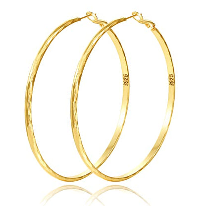 Sterling Silver Hoop Earrings - Diamond-Cut Circle Hoops, Hypoallergenic, 3mm Thin, Oversize 20/30/40/50/60mm - color: Gold,60mm