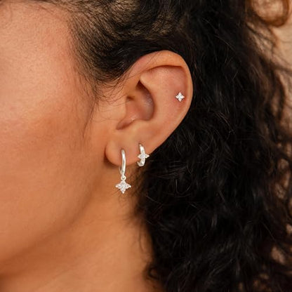 3 Pairs Earring Stacks, Gold Earring Set Jewelry Gift for Women | Small, 14K Gold/White Gold/Black/Rose Gold Plated, Hypoallergenic, Her, Everday, Stackable, Simple, 3 Holes - color: Silver-Clover