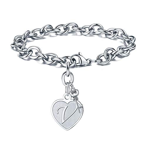 M MOOHAM Heart Initial Bracelets for Girls Women - Engraved 26 Letters Initial Charms Bracelet Stainless Steel Bracelet Birthday Christmas Jewelry Gift for Women Teen Girls - style: V - Heart