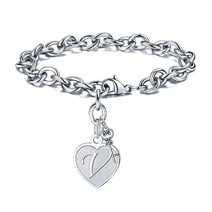 M MOOHAM Heart Initial Bracelets for Girls Women - Engraved 26 Letters Initial Charms Bracelet Stainless Steel Bracelet Birthday Christmas Jewelry Gift for Women Teen Girls - style: V - Heart