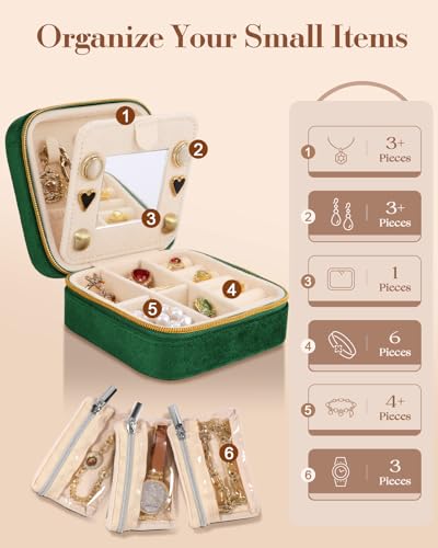 Bistup Travel Jewelry Case - Small Jewelry Organizers and Storage Box for Women Girls Teens Cute Traveling Jewelry Holder with Mirror Little Tiny Compact Modern Unique Aesthetic Pretty, Geen - style: All Green