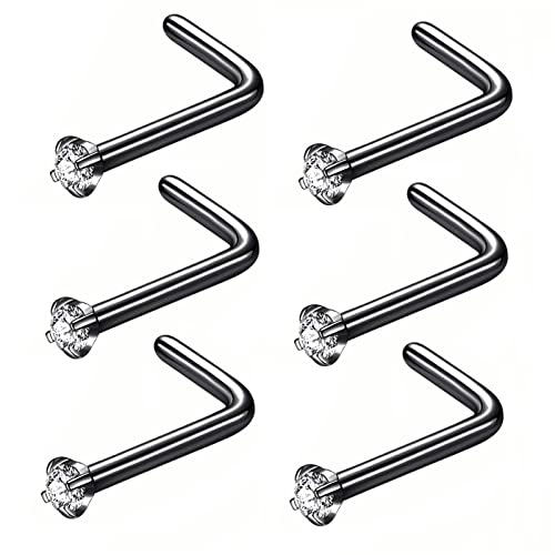 316L Surgical Steel 22g/20g/18g Nose Rings Studs L-Shape Nose Nostrial Piercing Body Jewerly L Shaped Nose Studs 1.5mm 2mm 2.5mm 3mm CZ Nose Screw Studs Rings for Women - style: 6pcs/L-shape/20g/1.5mm Clear CZ/Black