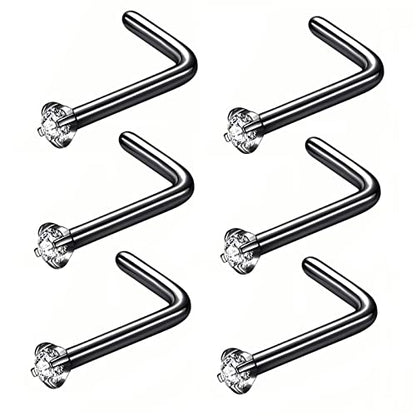 316L Surgical Steel 22g/20g/18g Nose Rings Studs L-Shape Nose Nostrial Piercing Body Jewerly L Shaped Nose Studs 1.5mm 2mm 2.5mm 3mm CZ Nose Screw Studs Rings for Women - style: 6pcs/L-shape/20g/1.5mm Clear CZ/Black