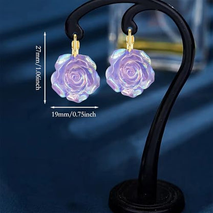 Handmade Bohemian Aesthetic Dainty Acrylic Flower Petal Leverback Earrings Sparkly 14K Gold Floral Dangle Drop Earrings for Women - color: Purple