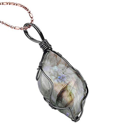 TUMBEELLUWA Handmade Copper Wire Wrapped Labradorite Necklace for Women Men | Irregular Shape, Third Eye Chakra, Enhances Intuition & Spiritual Awareness, 19.86" Stainless Steel Chain, Daily Wear - style: #2 Style 1