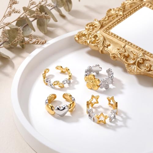 SAVORI Two-Tone Stainless Steel Open Ring Set for Women, 4 Styles (Leaf, Flower, Heart, Star), Hypoallergenic Adjustable Stackable Jewelry Gifts